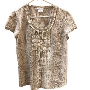 Van Heusen Studio Womens Snakeskin Print Ruffle Button Front Blouse Tan Medium